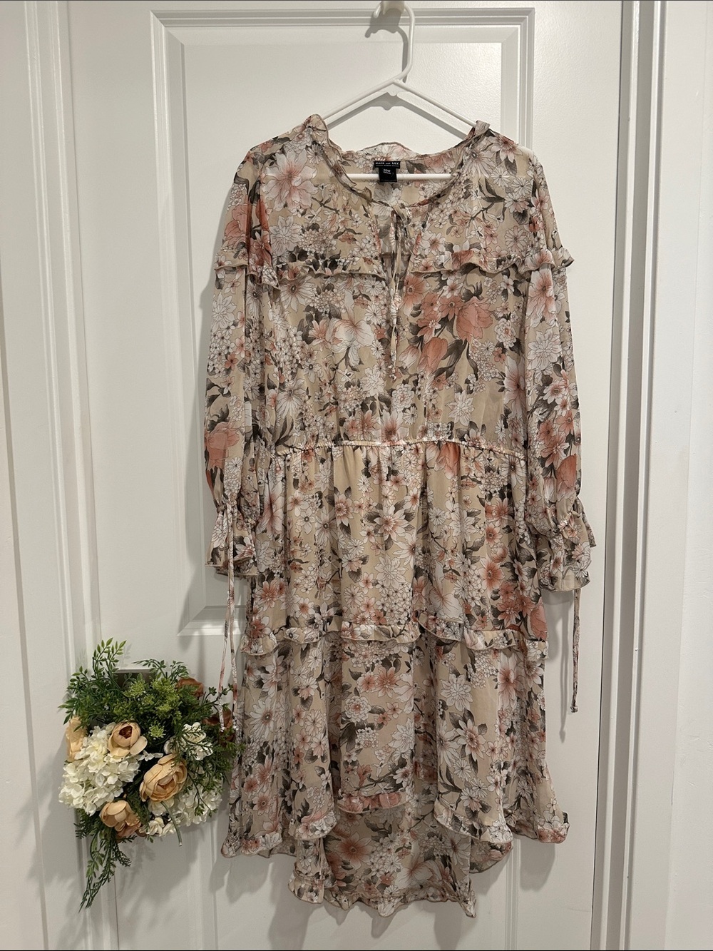 Floral Tiered Prairie Dress - Beige & Mauve